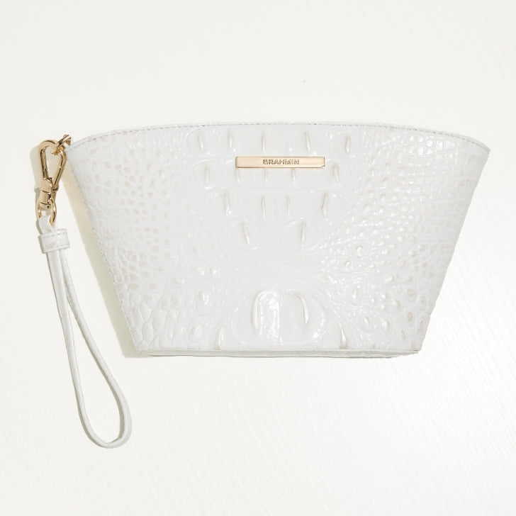 White Brahmin Ariana wristlet featuring embossed crocodile texture and gold-tone hardware.