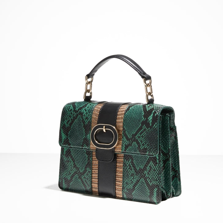 Brahmin green snake-embossed top-handle handbag featuring bold black and tan center stripes, a structured boxy shape, and a gold buckle detail, shown against a white studio background.