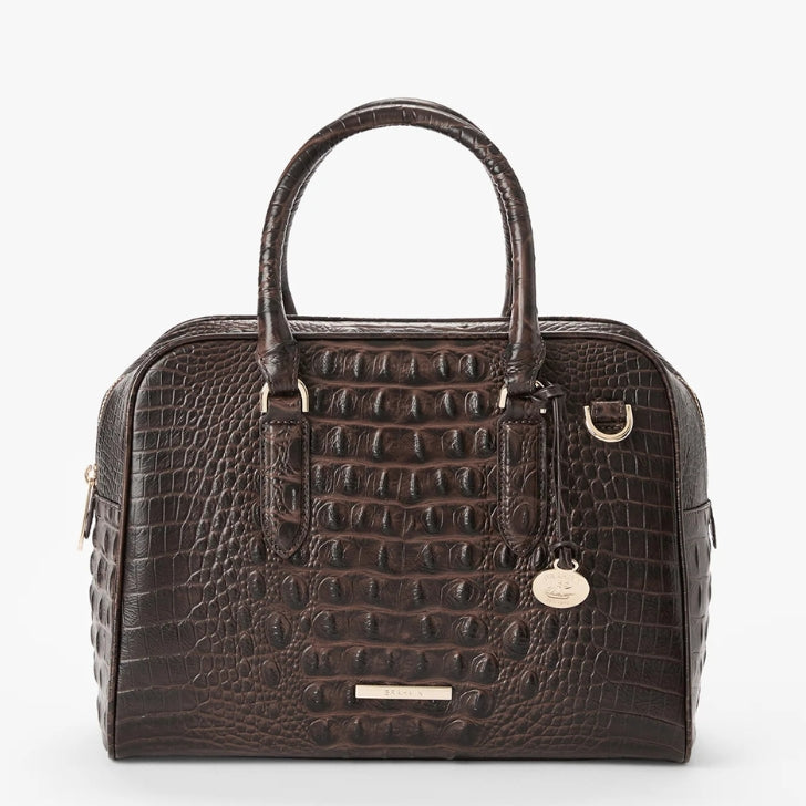 Dark brown croc-embossed leather satchel handbag with dome shape, double top handles, and gold logo hardware.