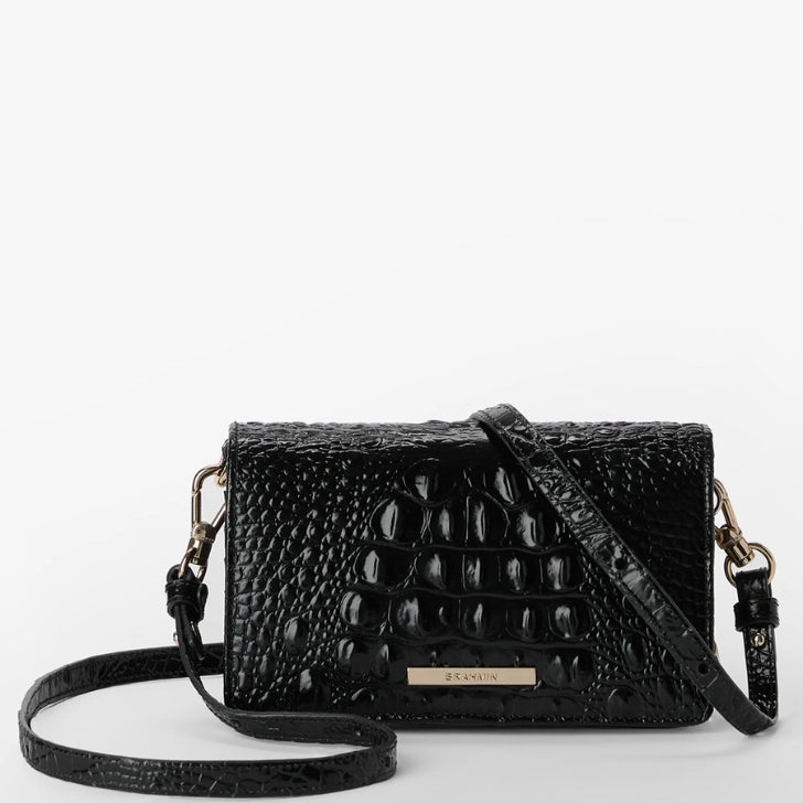 Black croc-embossed leather crossbody bag with slim profile, adjustable strap, and gold logo plaque.