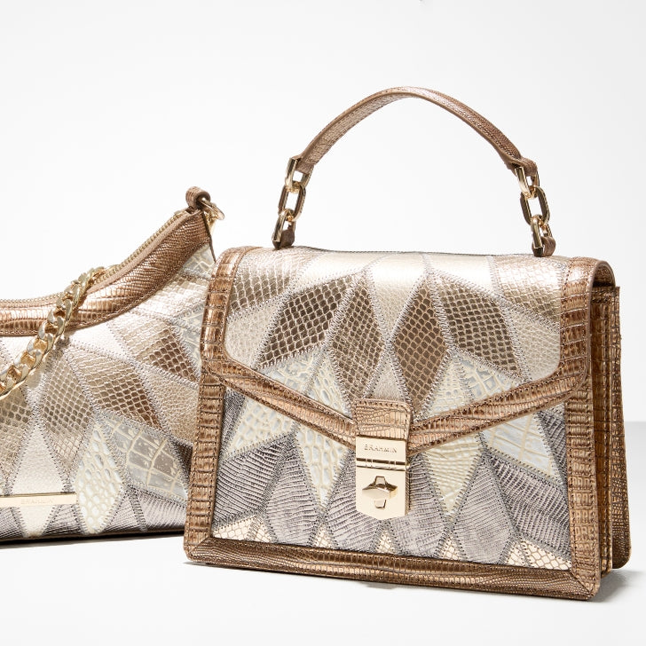 Luxury Brahmin handbags in metallic patchwork leather with geometric patterns, featuring a structured top-handle satchel and a gold-chain shoulder bag, , perfect for showgirl-inspired style .